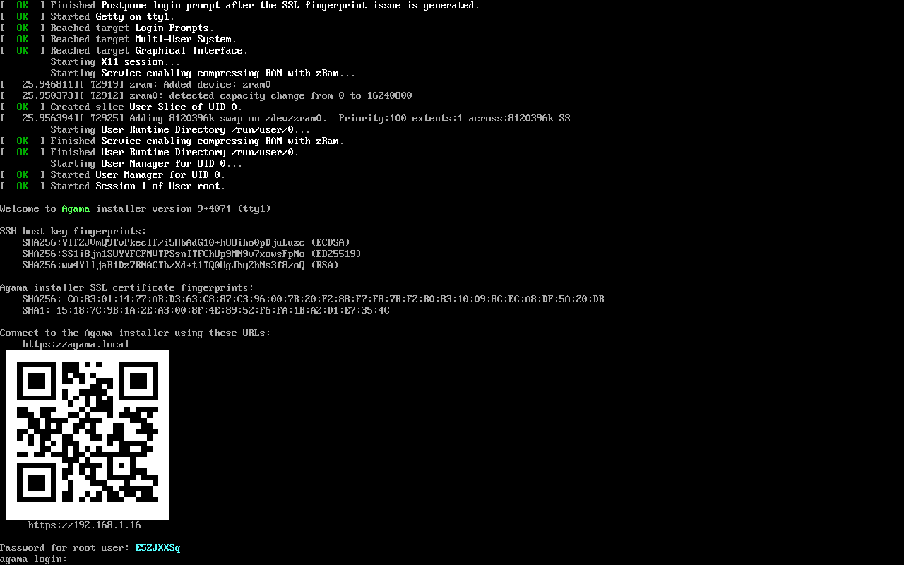 Linux console with Agama QR code